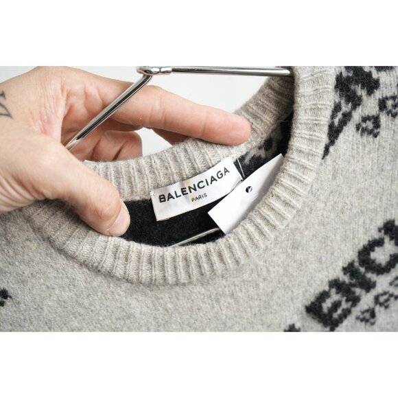 Balenciaga AOP Logo Crewneck Pullover Sweater Gray - Picture 2 of 6
